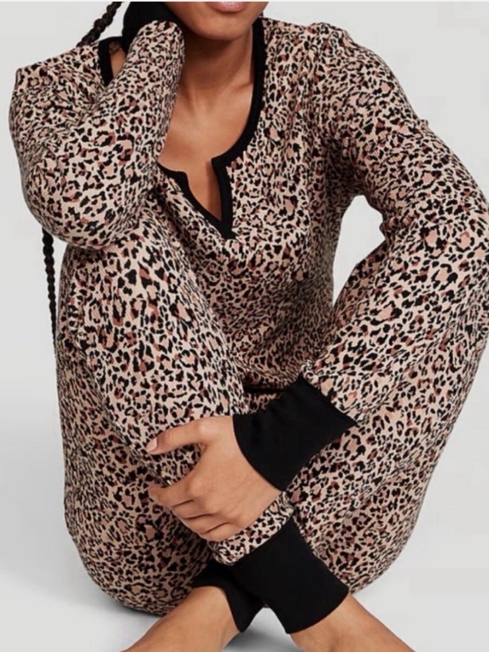 Victoria's Secret Thermal Long Pajama Set size medium-short length Leopard Print